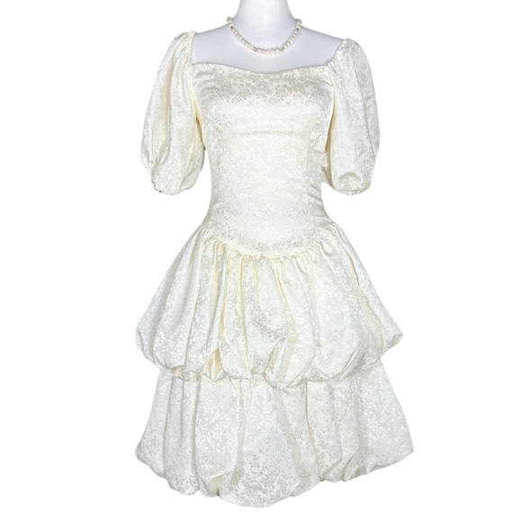 Vintage 80s Handmade Short Off White Retro Wedding Prom Dress Puff Sleeve Bow XS Vintage 80s Handmade Short Off White Retro Wedding Prom Dress Puff Sleeve Bow XS
